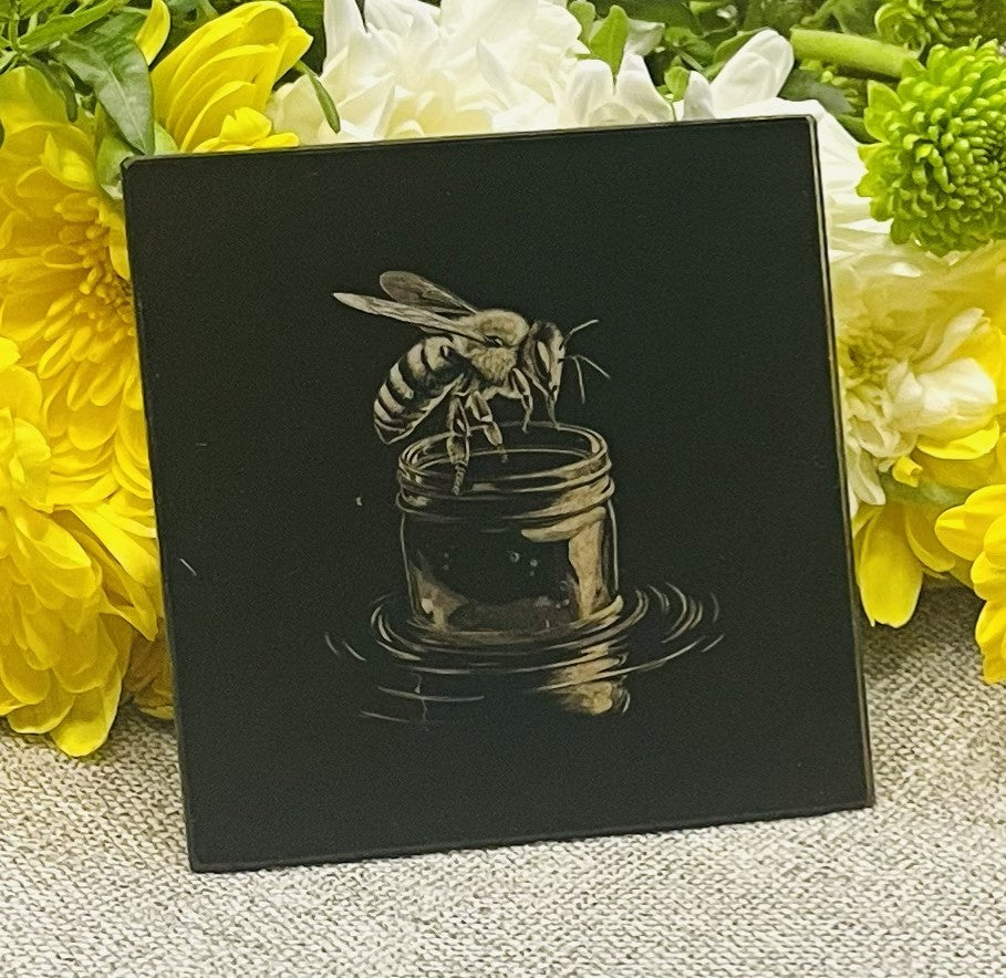 Engraved Bees on Black Glass Coasters Set 1 of 5