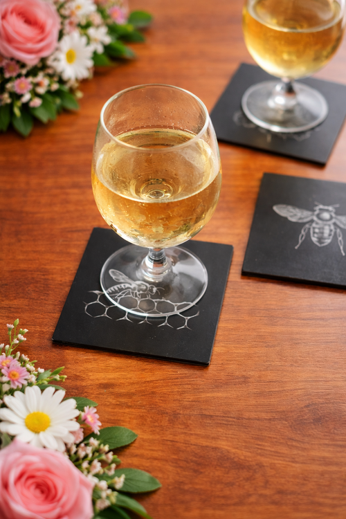 Bee's, Engraved on Black Glass. Set 2 of 5