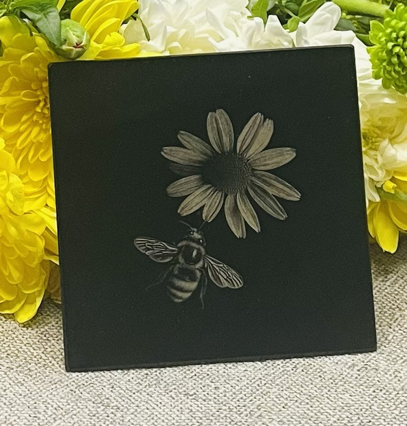Engraved Bees on Black Glass Coasters Set 1 of 5