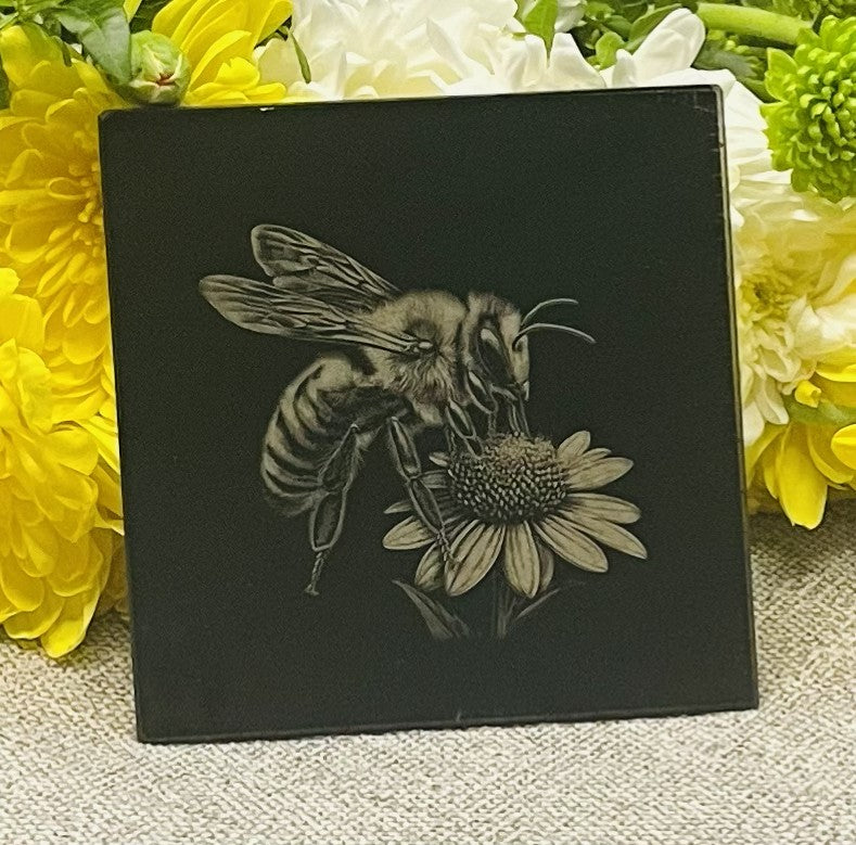 Bee's, Engraved on Black Glass. Set 2 of 5