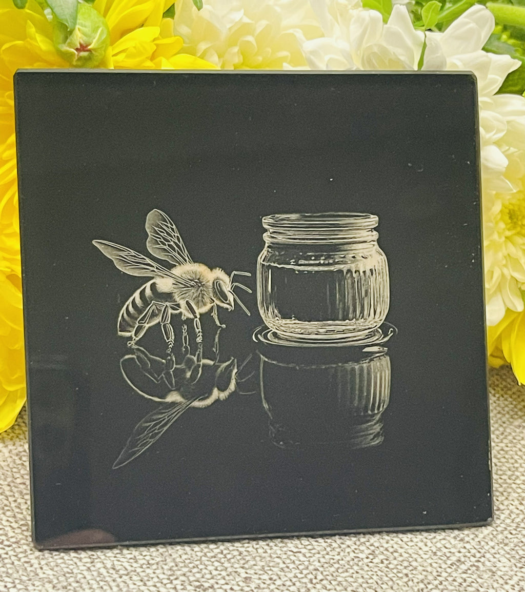 Engraved Bees on Black Glass Coasters Set 3 of 5