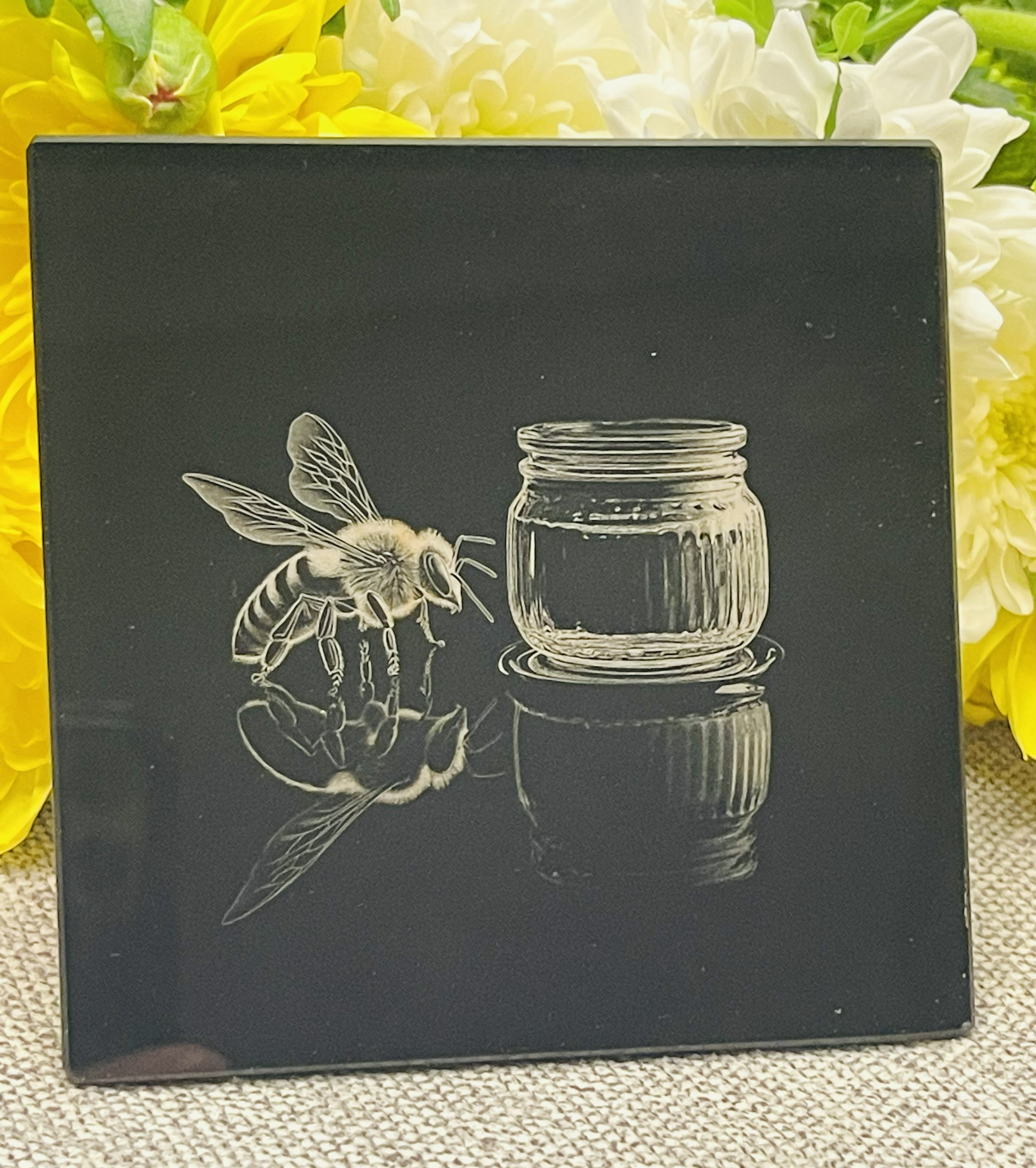 Engraved Bees on Black Glass Coasters Set 3 of 5