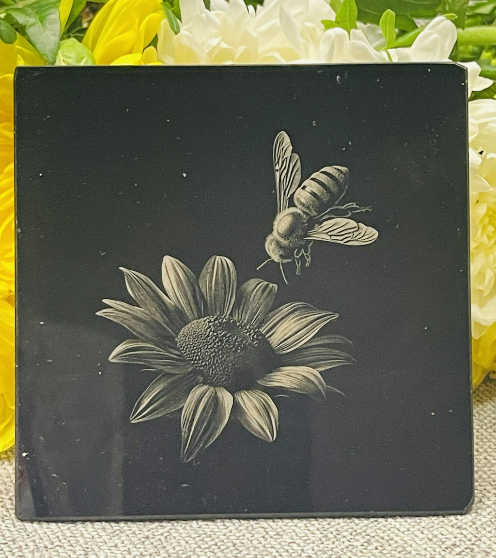 Engraved Bees on Black Glass Coasters Set 3 of 5