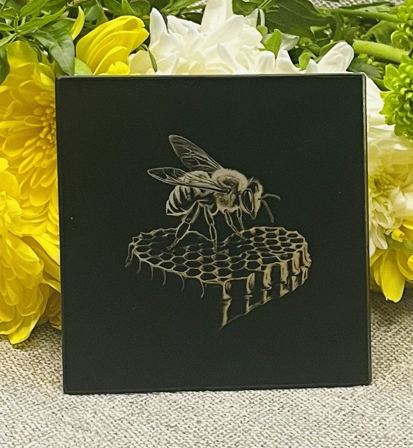 Engraved Bees on Black Glass Coasters Set 1 of 5