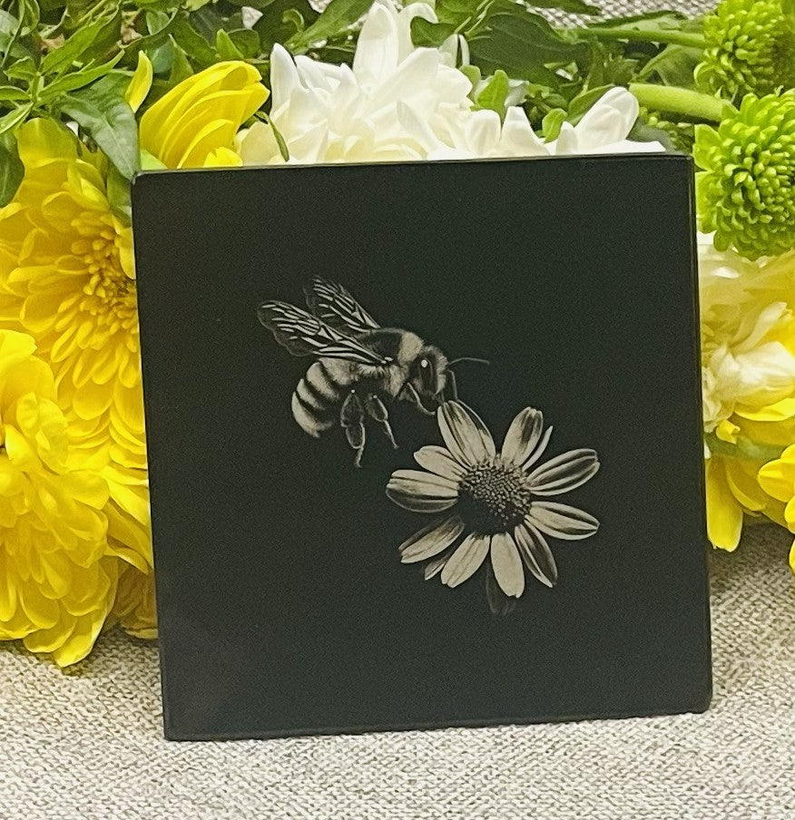 Engraved Bees on Black Glass Coasters Set 1 of 5