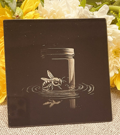 Engraved Bees on Black Glass Coasters Set 3 of 5