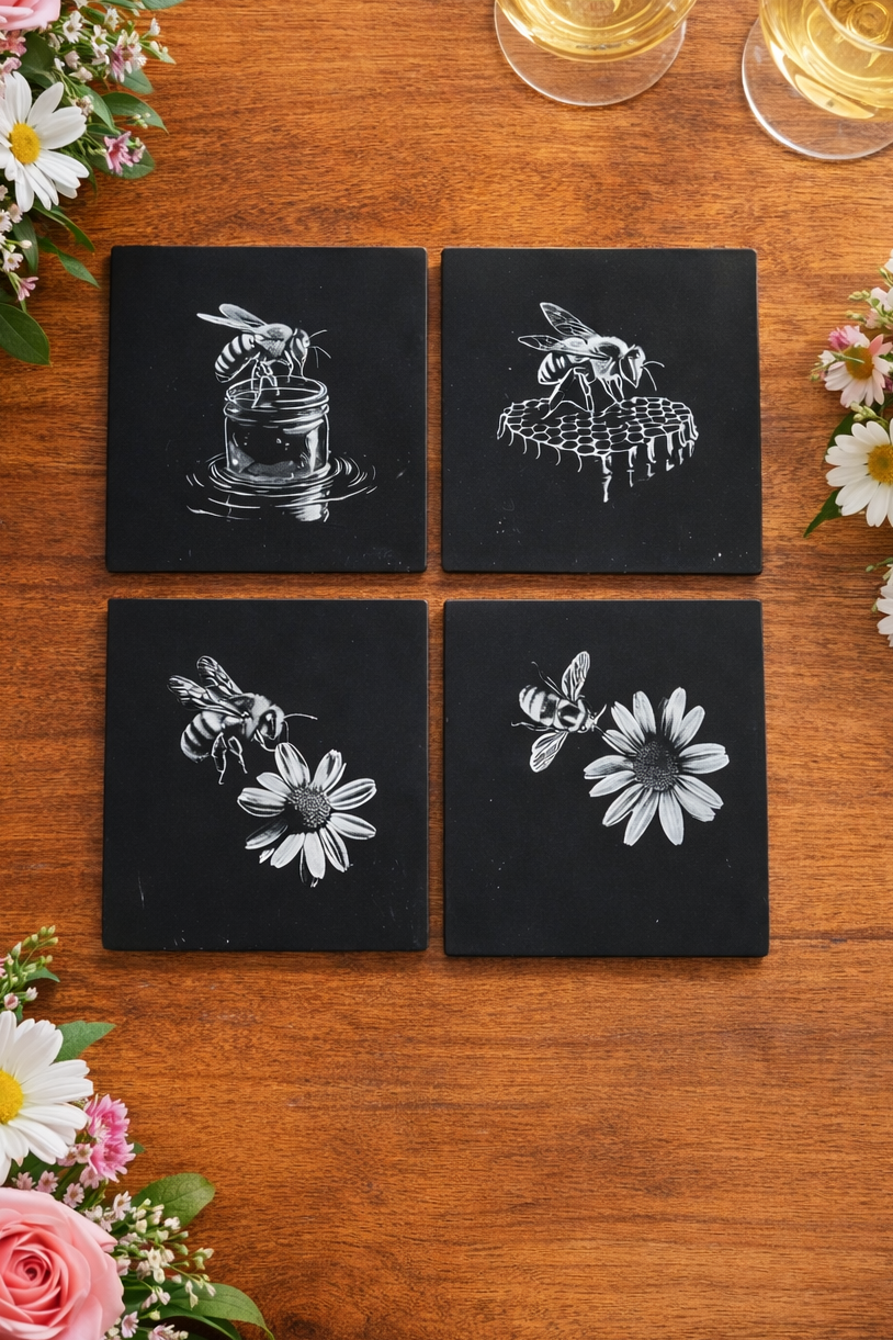 Engraved Bees on Black Glass Coasters Set 1 of 5